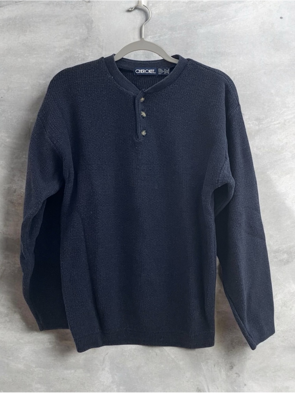 Vintage 90s Cherokee Men’s Small Navy Blue Henley Knit Sweater Made in USA
